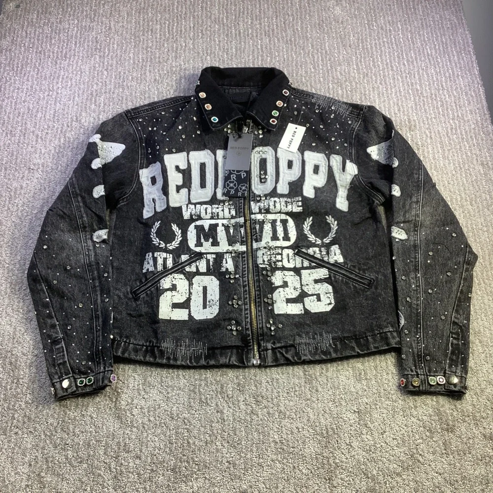 Red Poppy Mens Black Wash Embellished Graphic Denim‎ Jacket XS NWT